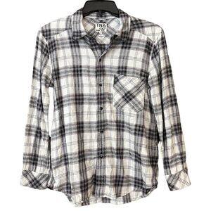 Aritzia TNA White Purple Plaid‎ Long Sleeve Oversized Flannel Button Up Shirt S